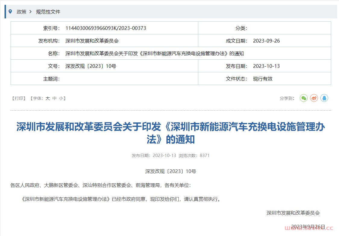 深发改规〔2023〕10号 深圳市发展和改革委员会关于印发《深圳市新能源汽车充换电设施管理办法》的通知 第1张